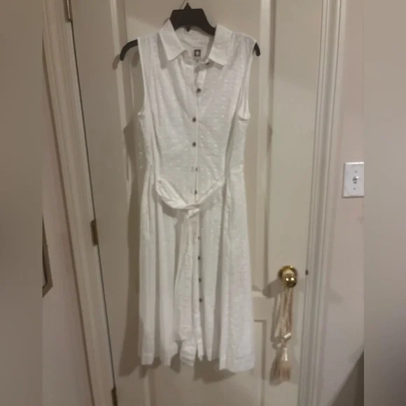 Anne Klein sz 8 white eyelet midi sleeveless sundress collared button front sash - Picture 8 of 12